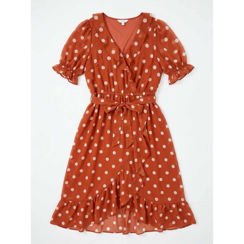 LC Lauren Conrad Polka Dot Ruffle Faux Wrap Dress Terracotta XL Short Sleeve